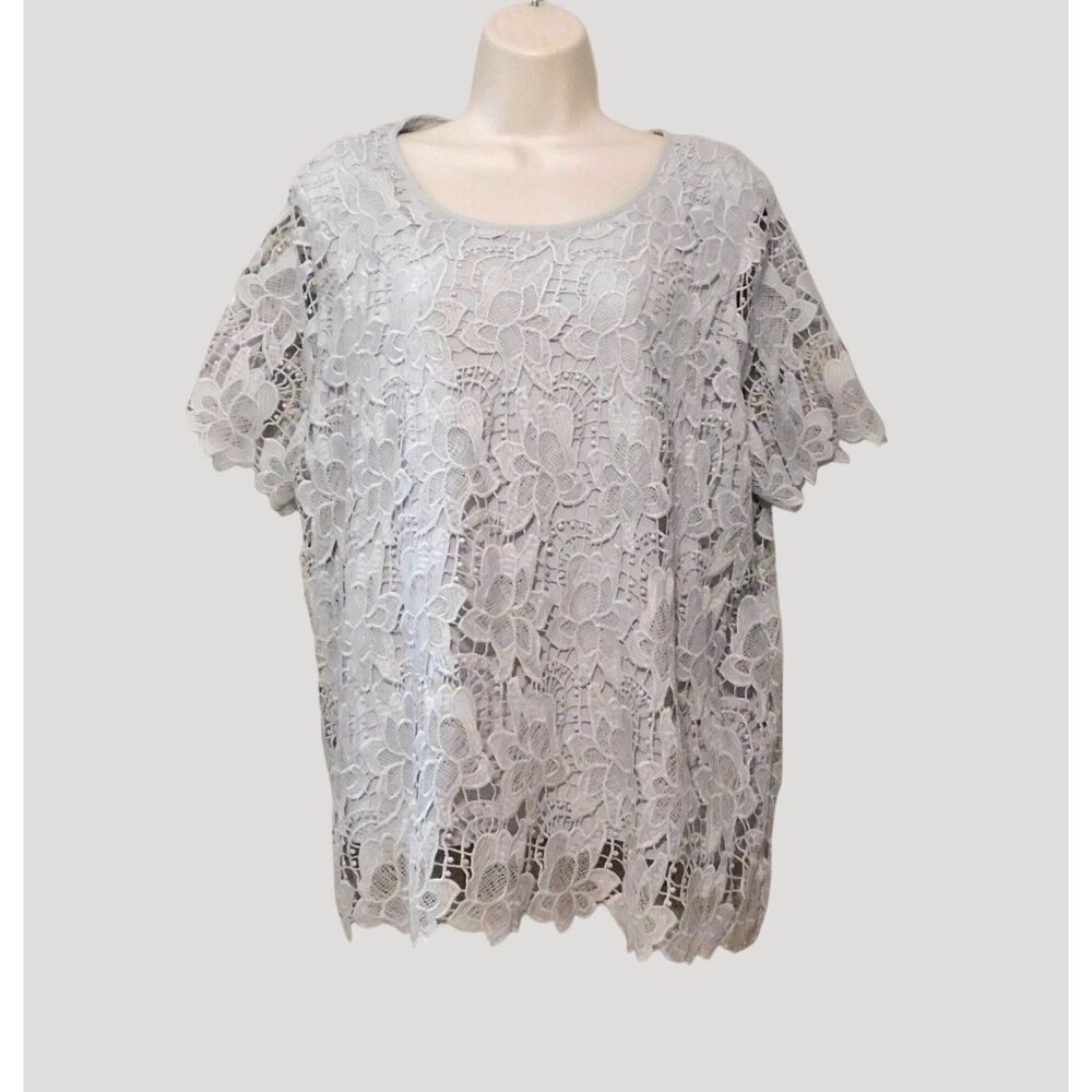 Philosophy Lace Overlay Top XL Gray Floral Short Sleeve Scoop Neck Lined NEW